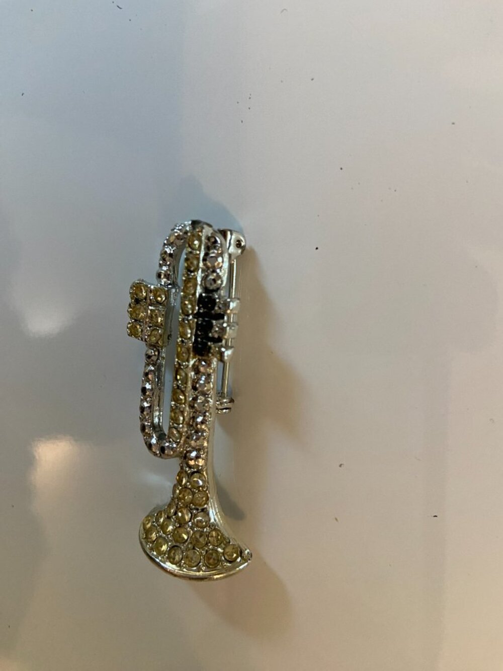 Vintage Silver Tone Rhinestone Trumpet Brooch Pin Music Instrument Band Jazz